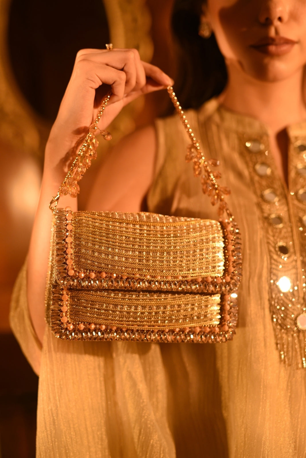 Elif Gold Georgette Embellished Clutch