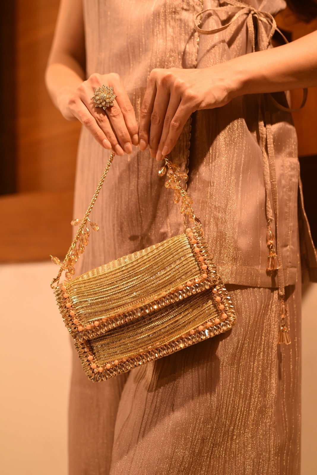 Elif Gold Georgette Embellished Clutch