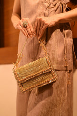 Elif Gold Georgette Embellished Clutch