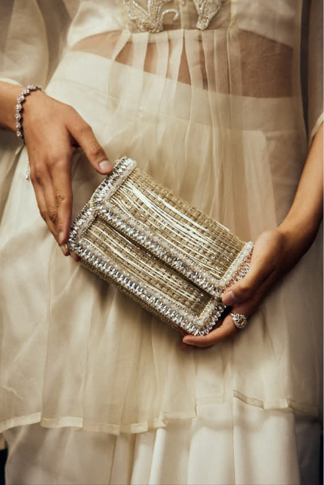 Elif Silver Georgette Embellished Clutch